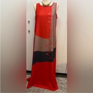 Color Block Sleeveless Maxi Dress With Red Black & Brown Design Sz MED NEW!